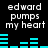 Black background with white text 'edward pumps my heart' repeated twice, cyan audio waveforms below text, and pixelated text artifacts.