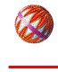A 3x3 contact sheet of eight animated frames showing a spherical object with red and white striped patterns and purple crossbands rotating against a gray background, each frame separated by a solid red horizontal line.
