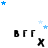 Pixelated icon with black text 'BFF' and an 'X', blue stars scattered across white background, animated star movement.