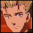 Pixelated anime-style portrait of a character with light brown hair and blue eyes, next to stylized text on a black background.