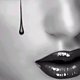 Black-and-white close-up of a person's lower face with lips and nose, featuring a single teardrop falling from the upper left corner against a smooth gray background.