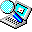 A 2x2 contact sheet of four animated frames showing a pixelated blue and white character with red eyes holding a checkered ball, featuring frame-to-frame changes in pose and object placement.