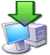 Four variations of a computer monitor icon with a downward arrow, showing different arrow colors and styles against a gray background.