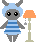 Pixel art contact sheet of a 3x3 grid showing nine frames from an animated buddy icon featuring a gray cartoon character with blue horns and striped dress, interacting with orange floor lamps against a light gray background.