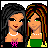 Pixel art buddy icon featuring two stylized female characters with distinct hairstyles and outfits against a black background, rendered in 48x48 pixels with visible dithering and limited color palette.