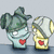 Two cartoon characters with red hearts on their chests, one wearing a green hat and the other a gray helmet, standing side-by-side against a light gray background.