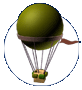 Green hot air balloon with brown band and brown streamer, basket with green and brown details, white circular background, five distinct views showing varying angles and sizes.