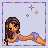 Pixel art animation of a female character in a pose with changing background elements and text