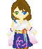 Pixel art character with brown hair and green-blue eyes in traditional-style clothing with pink floral accents and purple swirls on a blue skirt.