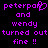 Purple pixelated text on black background reads 'peterpan and wendy turned out fine !!' with a heart symbol replacing the 'o' in 'peterpan'.