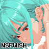Pixel art of a character with turquoise hair and red eyes, head tilted down, hand near ear, black text "NSFWISH" at bottom.