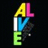 A vertical stack of colorful block letters spelling 'ALIVE' with a small dark figure behind the 'V' on a black background.