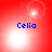 Red background with four white light bursts and blue text reading "Celia" in each quadrant.