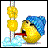 Pixelated yellow duck with blue hair and red tongue, positioned next to a vertical pole with two golden rings on white background.