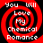 Red and black spiral pattern with white text reading "You Will Love My Chemical Romance" arranged in a circular layout.