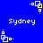 Blue background with white pixelated text 'Sydney' and repeating white geometric shapes in four distinct orientations.