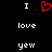 Static pixel art displays 'I' above a red heart symbol, with 'love' and 'yew' below on black background.