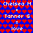 Pixel art icon with blue background and red heart pattern, displaying text equations for 'Chelsea M' plus 'Tanner G' equals 'love'.