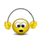 Yellow cartoon face with blue eyes and black mouth wearing silver headphones, showing multiple expressions including open-mouthed surprise, neutral, and closed-mouth smile