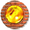 Two circular icons with brick-patterned borders contain yellow-orange spheres with shifting light reflections and dark internal shapes.