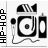 Pixelated black-and-white icon shows a turntable with vinyl record, microphone, and speaker, with vertical text on left side.