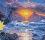 Pixelated sunset scene with orange-yellow sun over blue water, purple and pink sky gradients, dark landmass on left.