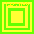 Four green and yellow square frames with nested borders, each containing a central square, arranged in a with text above or below