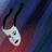 Pixelated white mask with black eyes and mouth against a gradient background of blue, purple, and red hues.