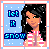 Pixelated image of a character with long black hair wearing pink and white striped clothing against a light blue background with white snow-like dots.