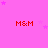 Pink background with scattered purple stars and red 'M&M' text repeated in a pattern