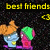 Yellow pixelated text 'best friends' above two stylized figures with orange and green hair against a dark background.