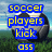 Pixelated soccer ball with blue text overlays on grassy field background, showing two states of the word 'ass' changing to 'grass'.