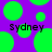 Purple background with green circles and two instances of the text 'Sydney' in black pixelated font.