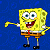 Pixelated yellow cartoon character with square body, white eyes, blue pupils, red mouth, brown shorts, and black shoes against solid blue background.