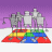 Pixelated static image shows four humanoid figures standing on a rainbow-colored platform against purple gradient background.