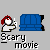 Animated pixel art sequence showing a red-haired character behind a blue couch with text changes and a ghostly figure appearing.