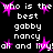 Pixelated text on black background with pink starbursts, repeating phrases about 'best gabby nancy all and lily' in white block letters.