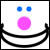 Static pixel art of a face with blue eyes, pink nose, and black curved mouth on white background.