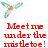 Pixelated green bird with brown chest flies above red text reading 'Meet me under the mistletoe!' on white background.