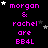 Pixelated text in bright pink reads "morgan & rachel are BB4L" on a black background with scattered white and gray stars, some of which move position across frames.