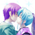 Two pixelated figures with purple and blue hair kiss closely, surrounded by light blue sparkles on a white background.