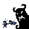 Pixel art animation of a small blue character holding hands with a large black horned figure against gray background, showing sequential expressions and heart symbols.
