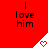 Red background with repeated black text "I love him" and white triangular shapes containing red pixelated hearts, some of which change from solid to outline.