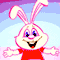 Pixelated bunny in red shirt with pink outline, two poses: open arms smiling and crossed arms winking against light blue background.