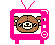 Pink retro TV-shaped icon with brown bear face on screen, displaying green text and changing background patterns across frames.