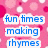Pink background with white and red circular patterns, blue text in white rectangular boxes arranged in two