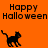 Orange background with black text "Happy Halloween" and four pixelated black cat silhouettes in various poses.