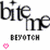 Pixelated text 'bite me' in bold black letters with a pink heart symbol below, on a white background.