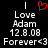 A black background displays white pixelated text reading 'Love Adam 12.8.08 Forever<3' with a red pixelated heart symbol above the text.