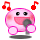 Pink cartoon character with black eyes and pink blush holds a microphone, surrounded by red musical notes on gray background.